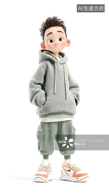 【AI数字艺术】AIGC：3D卡通人物 穿着连帽衫和工装裤的男孩图片素材