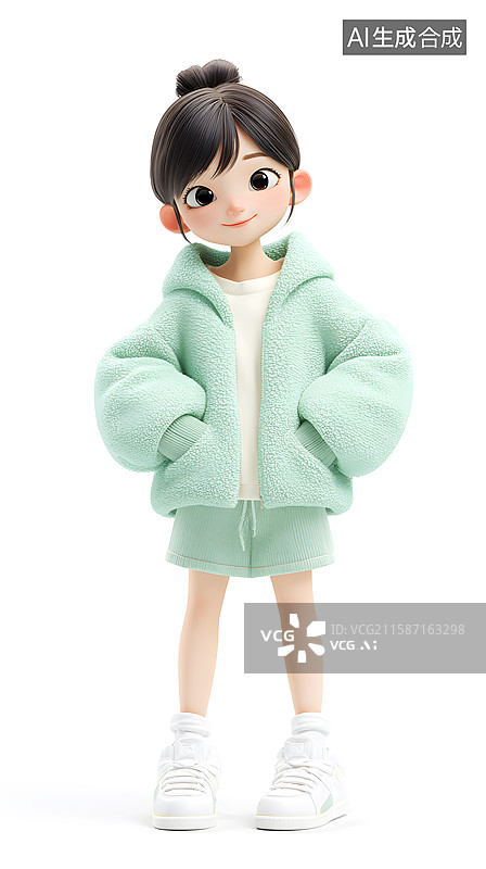【AI数字艺术】AIGC：3D卡通人物可爱卡通女孩身着浅绿套装图片素材