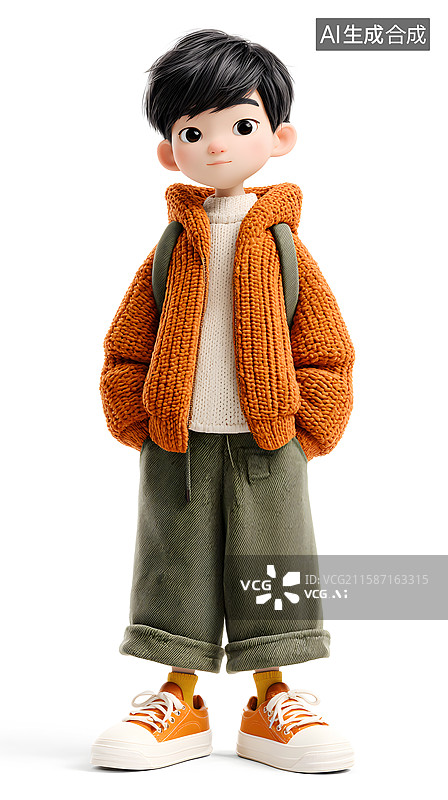 【AI数字艺术】AIGC：3D人物穿着橙色针织外套的男孩图片素材