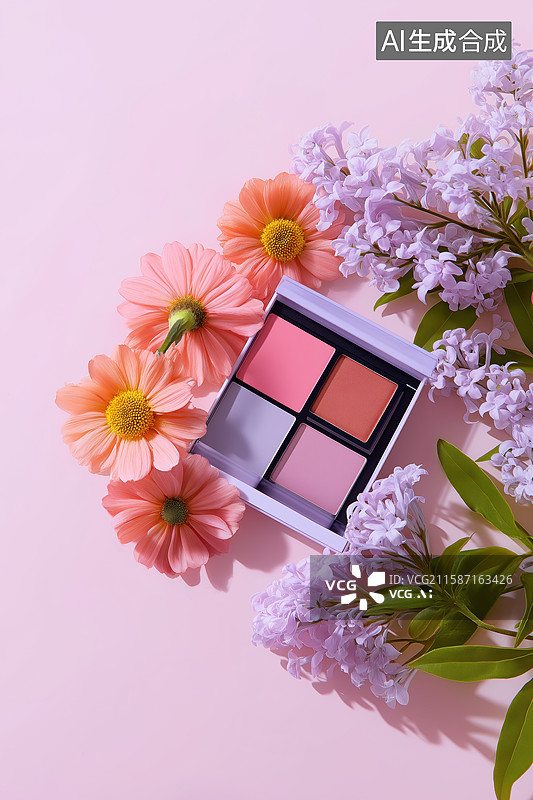 【AI数字艺术】彩妆盘与鲜花的优雅组合图片素材