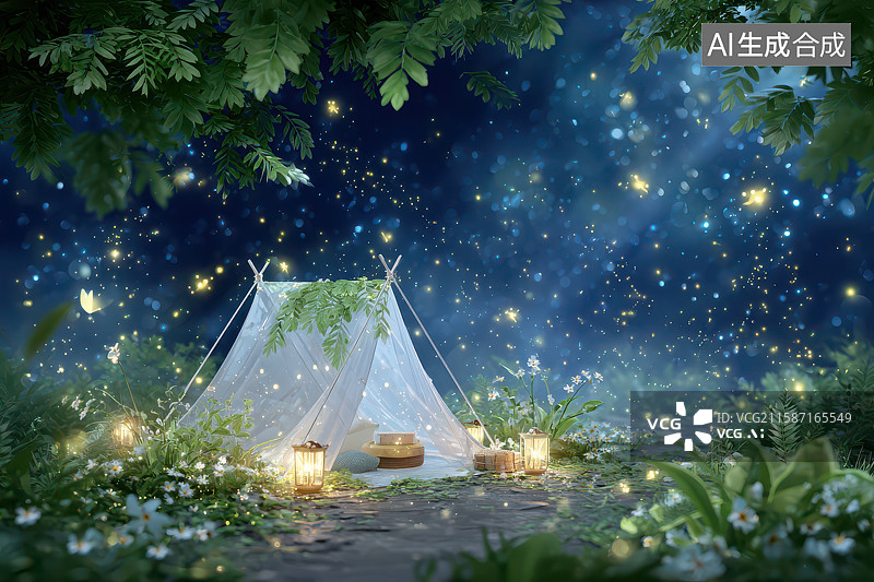 【AI数字艺术】林间帐篷萤火虫夜晚自然景致图片素材