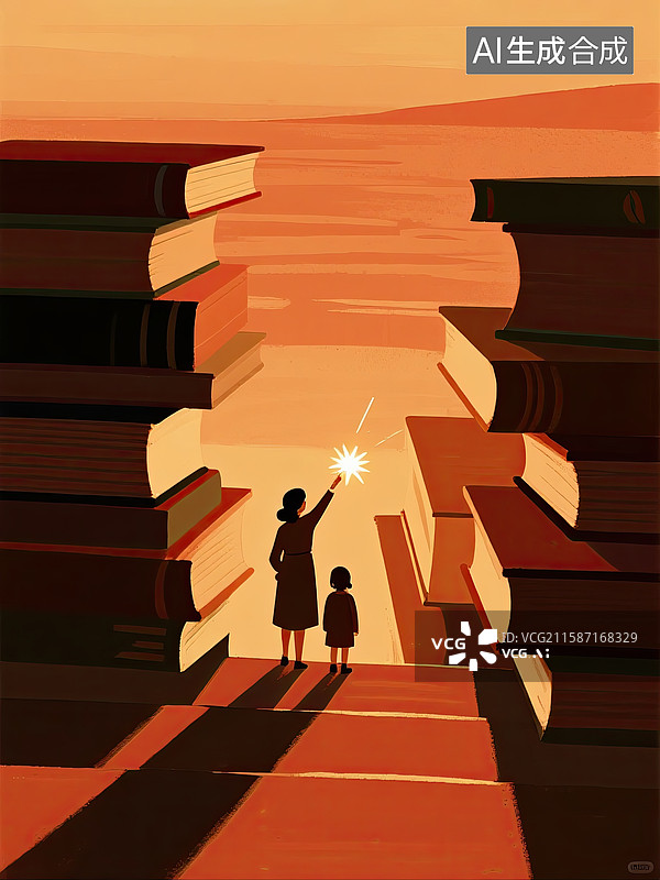 【AI数字艺术】一排排书籍堆砌成的阶梯，阶梯的顶端是一位教师图片素材