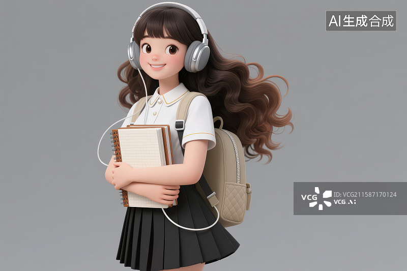 【AI数字艺术】背着书包手里抱着书戴着耳麦耳机的漂亮美丽的长发卡通女孩图片素材