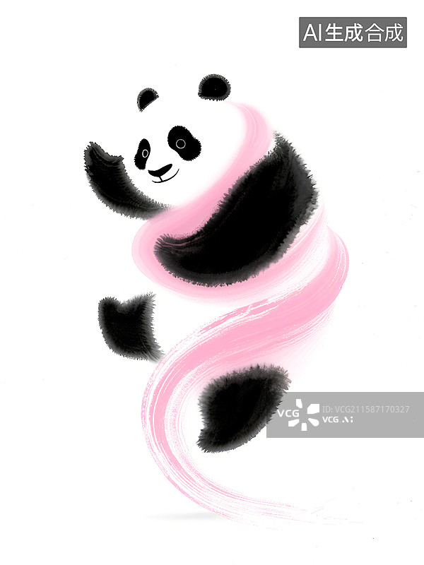 【AI数字艺术】一只可爱的熊猫在粉色丝带中翻滚，展现出活泼的姿态图片素材