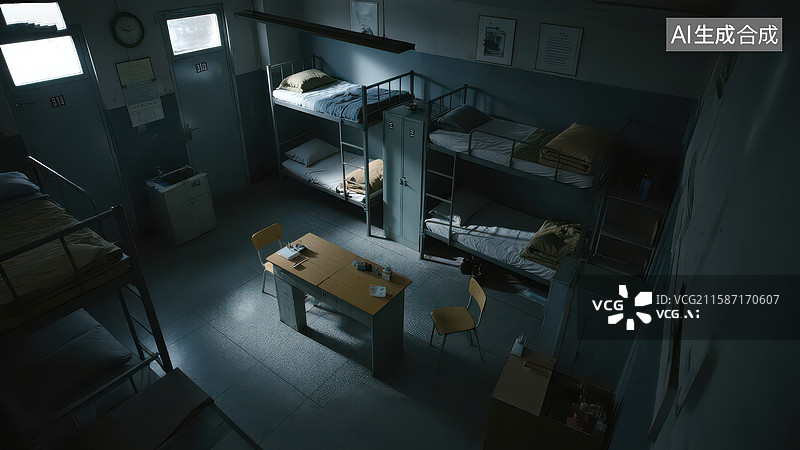 【AI数字艺术】简约宿舍内部，配备双层床和书桌图片素材