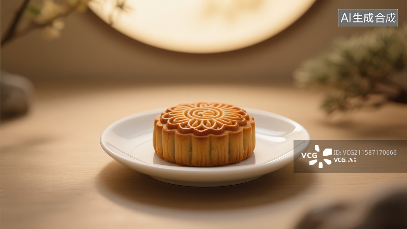 【AI数字艺术】一枚传统花纹月饼置于简约白色瓷盘背景有圆形镂空光影搭配朦胧虚化的植物枝叶营造中秋传统氛围图片素材