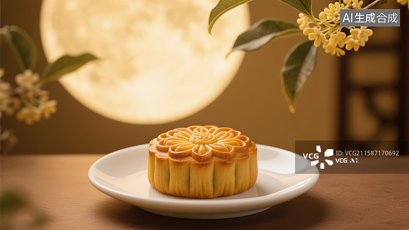 【AI数字艺术】一枚传统花纹月饼置于简约白色瓷盘背景有圆形镂空光影搭配朦胧虚化的植物枝叶营造中秋传统氛围图片素材