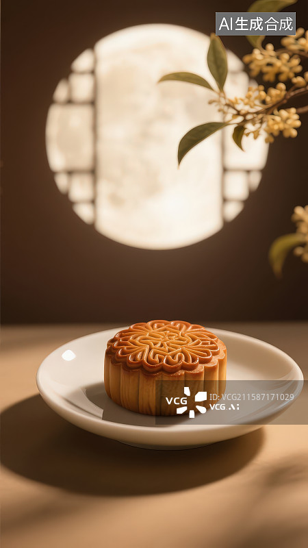 【AI数字艺术】一枚传统花纹月饼置于简约白色瓷盘背景有圆形镂空光影搭配朦胧虚化的植物枝叶营造中秋传统氛围图片素材