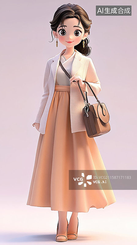 【AI数字艺术】优雅女性身着浅色连衣裙手持手提包图片素材