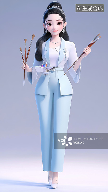 【AI数字艺术】身穿浅蓝西装的女性手持笔和竹签图片素材