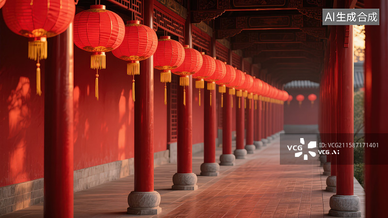 【AI数字艺术】一排红色灯笼悬挂在中国传统古典回廊中廊柱底部有灰色石质基座图片素材