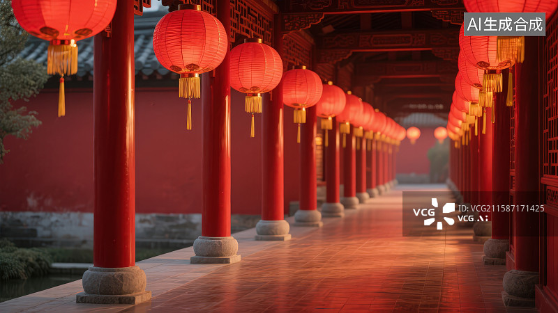 【AI数字艺术】一排红色灯笼悬挂在中国传统古典回廊中廊柱底部有灰色石质基座图片素材