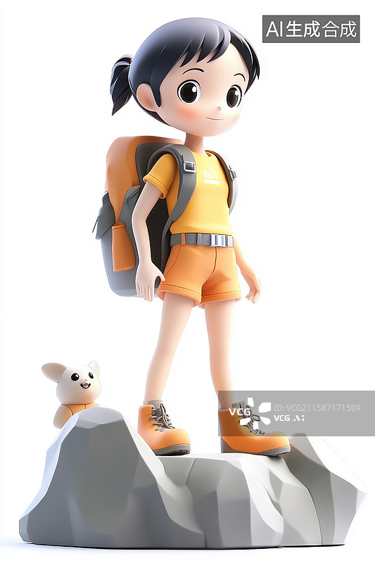 【AI数字艺术】小女孩背着背包站在岩石上图片素材