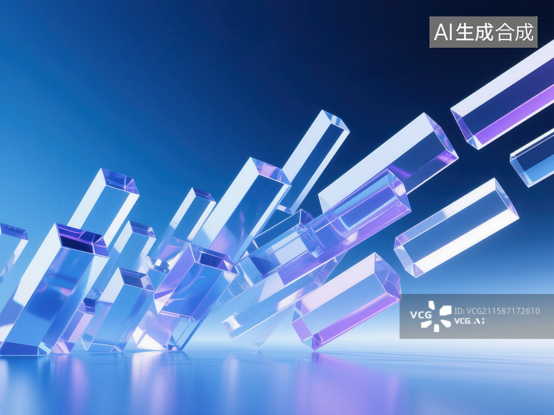 【AI数字艺术】蓝色背景下的透明晶体结构图片素材