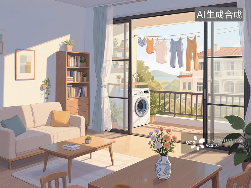 【AI数字艺术】温馨客厅与阳台晾衣场景图片素材