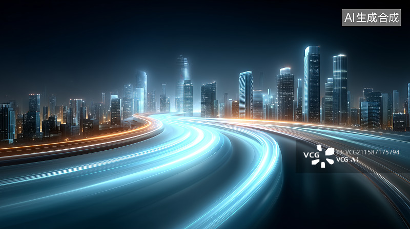 【AI数字艺术】未来城市夜景与光轨图片素材