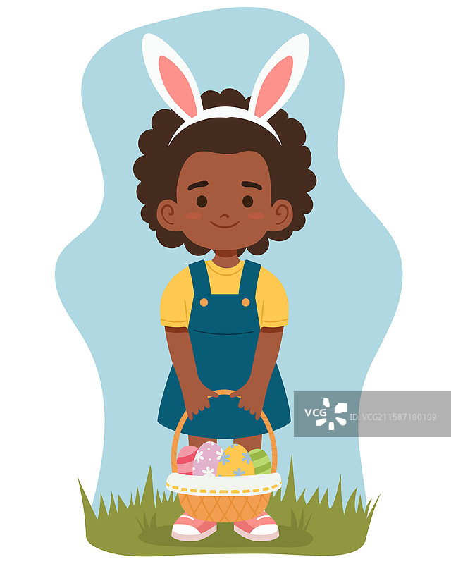 可爱的非裔美国女孩手拿复活节篮子图片素材