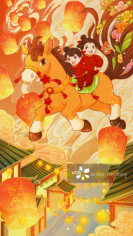 马年喜庆红色创意新年插画图片素材