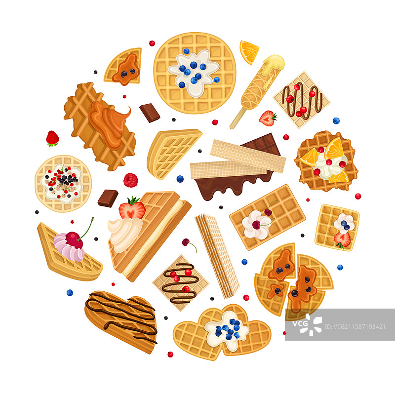 圆形华夫饼作为糕点甜点的组合图片素材