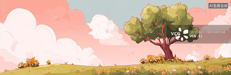 【AI数字艺术】粉色天空下的绿草地与大树图片素材