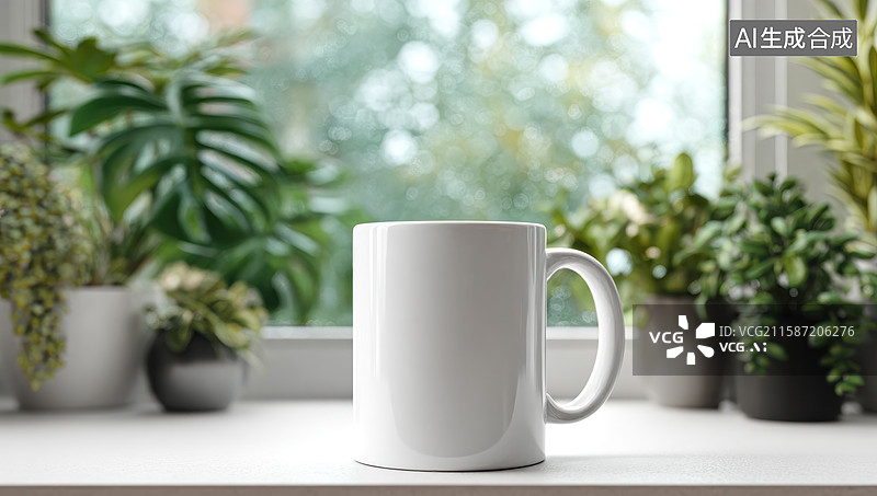 【AI数字艺术】窗边绿植环绕的白色杯子图片素材