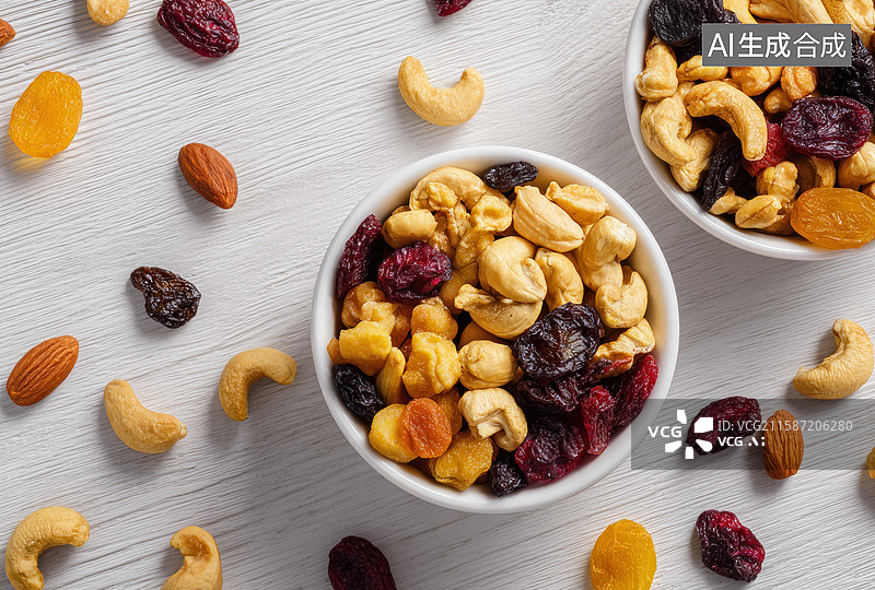 【AI数字艺术】两碗混合坚果与果干的健康零食组合图片素材