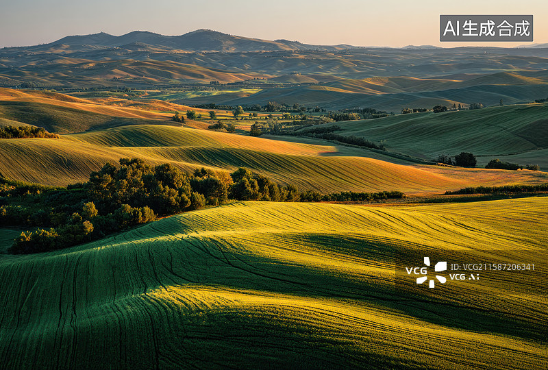 【AI数字艺术】托斯卡纳日落时分的起伏绿色山丘图片素材