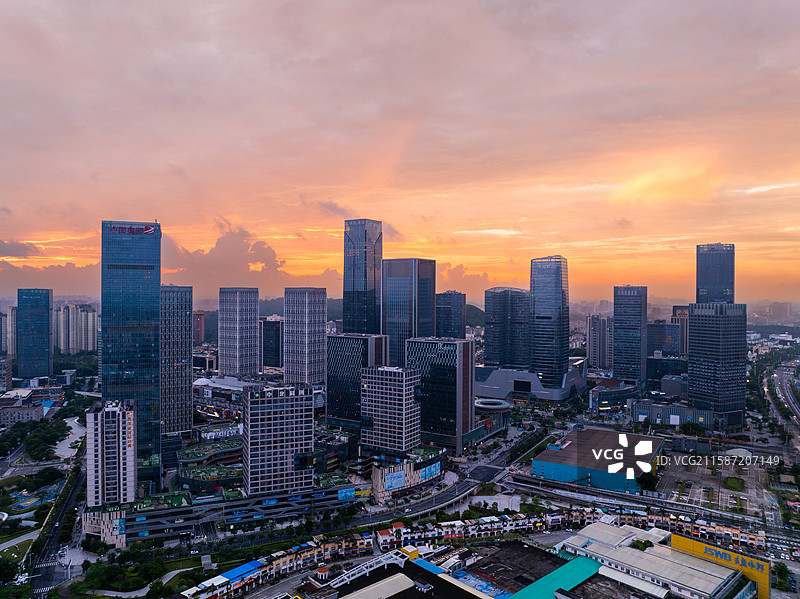 广东省广州市番禺万博CBD朝霞日出航拍图片素材