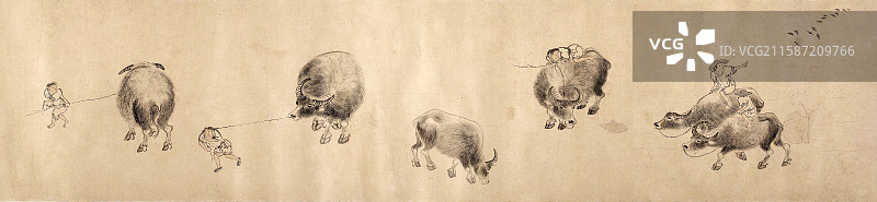 中国明代张宏绘函关紫气图卷中国画工笔画牛图片素材