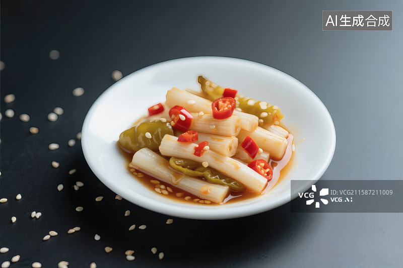 【AI数字艺术】黑色桌面上一小碟泡椒藕带图片素材