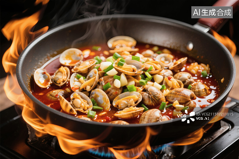 【AI数字艺术】铁锅中的花蛤，上面撒着葱花，烈火烹饪图片素材