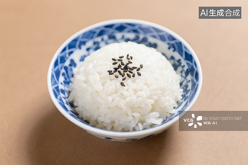 【AI数字艺术】青花碗中的白米饭，上面撒着黑芝麻图片素材