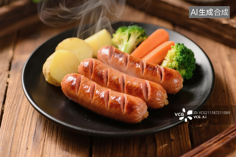 【AI数字艺术】冒着热气的火山石烤肠，搭配土豆图片素材