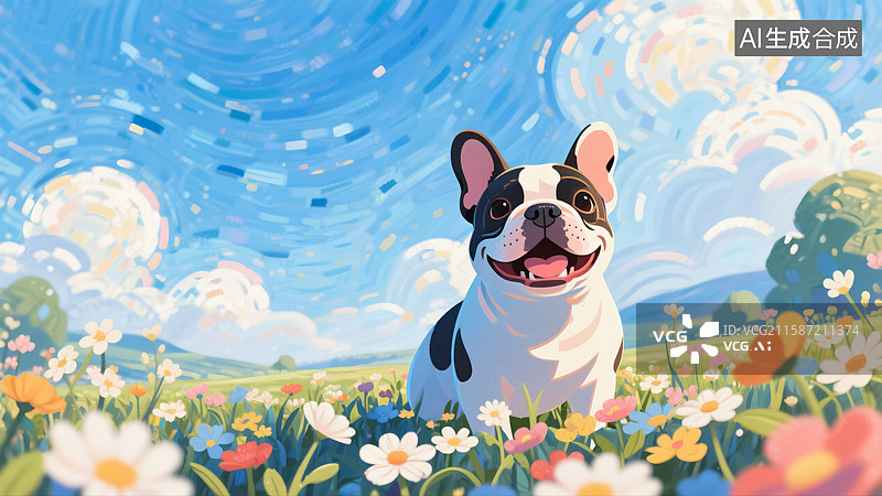 【AI数字艺术】花丛中的法国斗牛犬插画图片素材