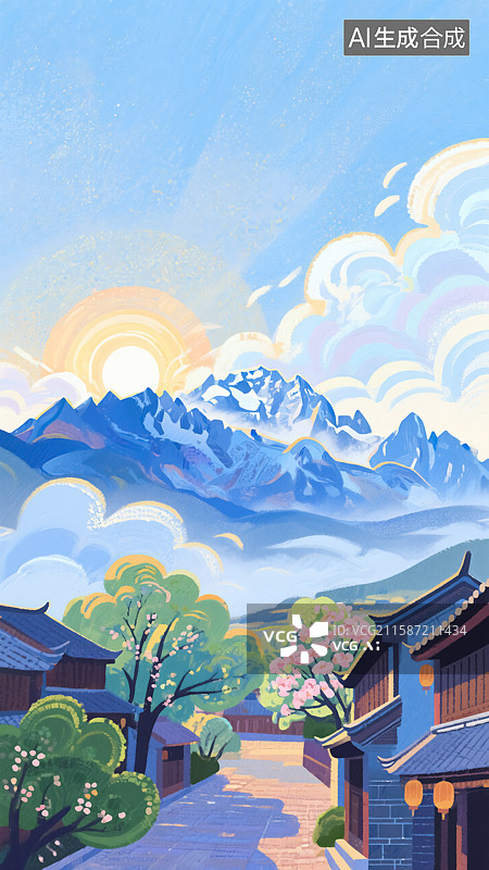 【AI数字艺术】雪山古镇风景插画图片素材