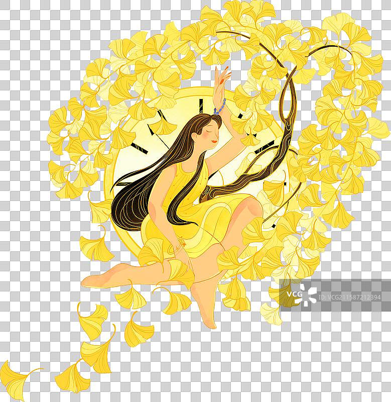 金黄色银杏叶钟表长发美丽妇女秋分插画图片素材