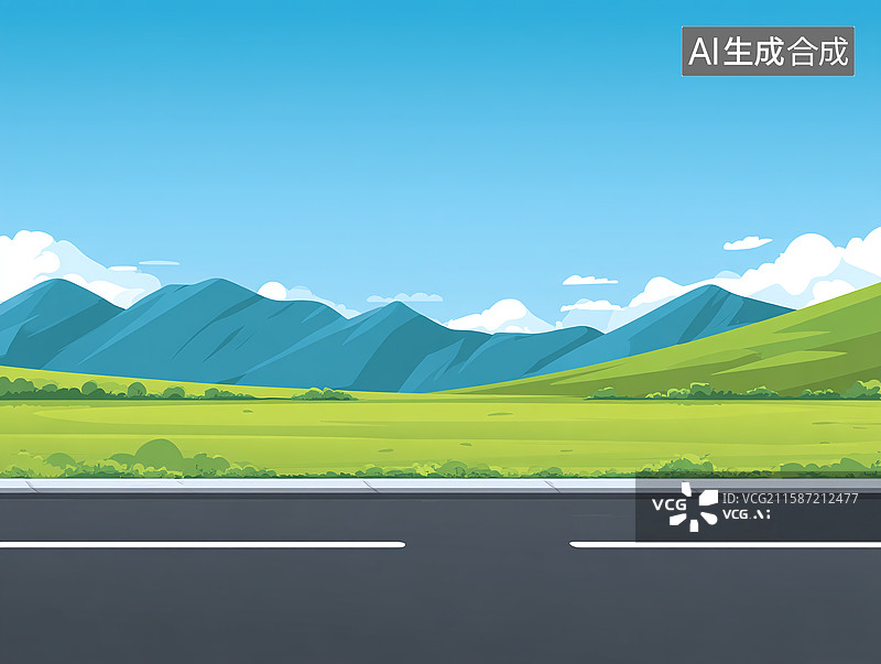 【AI数字艺术】卡通公路风景插画，以蓝天山脉、绿色草地与道路，呈现户外旅行生态环境的清新设计背景图片素材