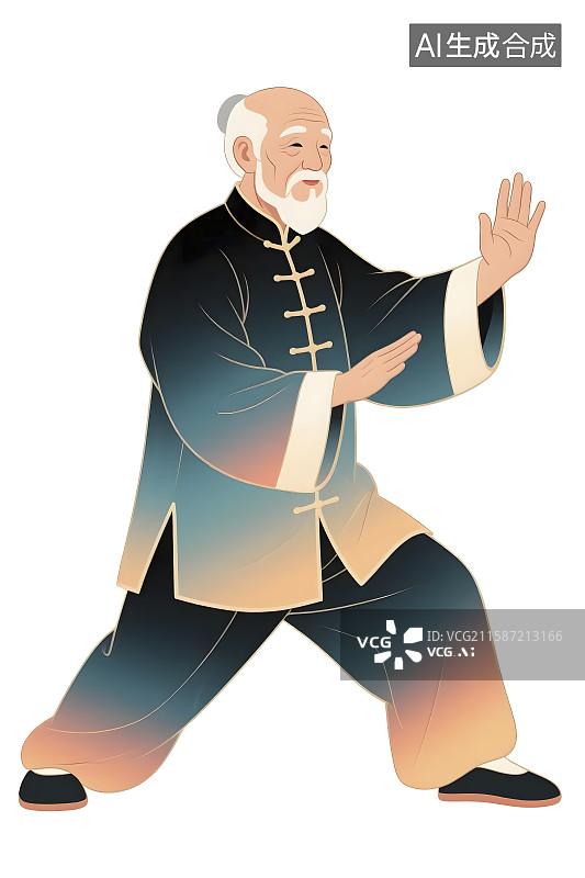 【AI数字艺术】国潮手绘插画元素打太极的老人图片素材