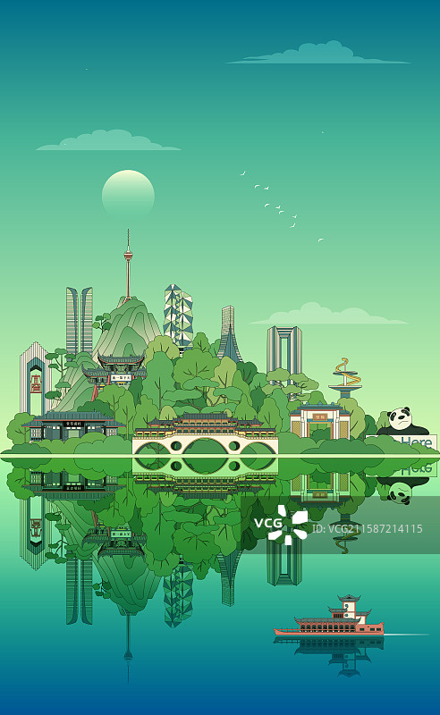 成都地标建筑文明城市描边插画图片素材