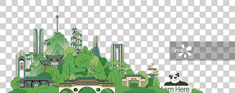 成都地标建筑文明城市描边插画图片素材