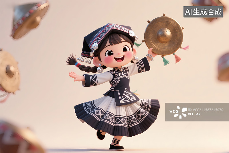 【AI数字艺术】卡通风格，布依族少女手拿铜鼓载歌载舞图片素材