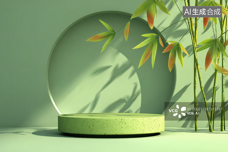 【AI数字艺术】绿色墙面，画面中间的展台，阳光照射在柱子上，光影撒落到地上，电子商务背景图图片素材