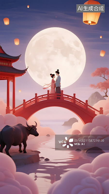 【AI数字艺术】情人节七夕国风中式传统节日浪漫海报电商广告背景图图片素材