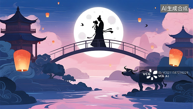 【AI数字艺术】情人节七夕国风中式传统节日浪漫海报电商广告背景图图片素材