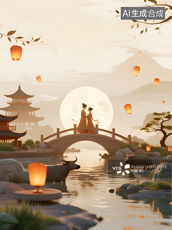 【AI数字艺术】情人节七夕国风中式传统节日浪漫海报电商广告背景图图片素材