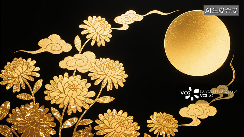 【AI数字艺术】中秋节国潮金箔扁平海报背景图片素材