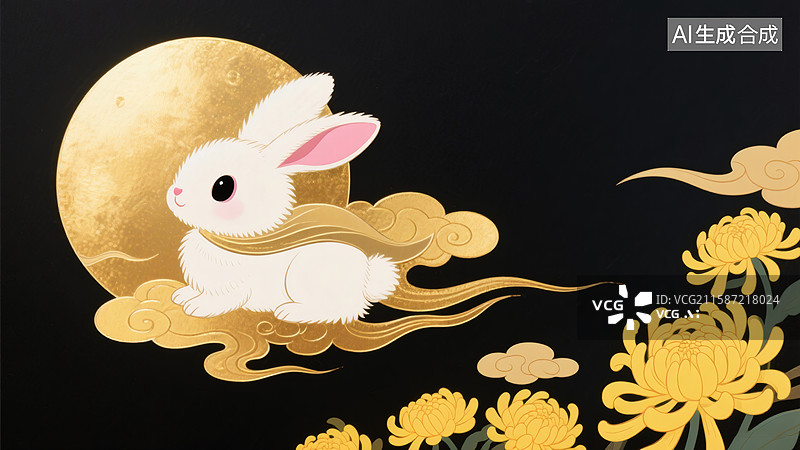 【AI数字艺术】中秋节金箔兔子海报背景图片素材