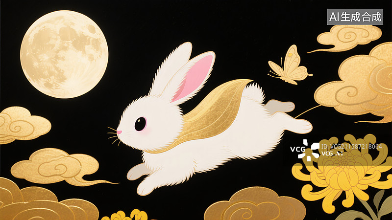 【AI数字艺术】中秋节金箔兔子海报背景图片素材