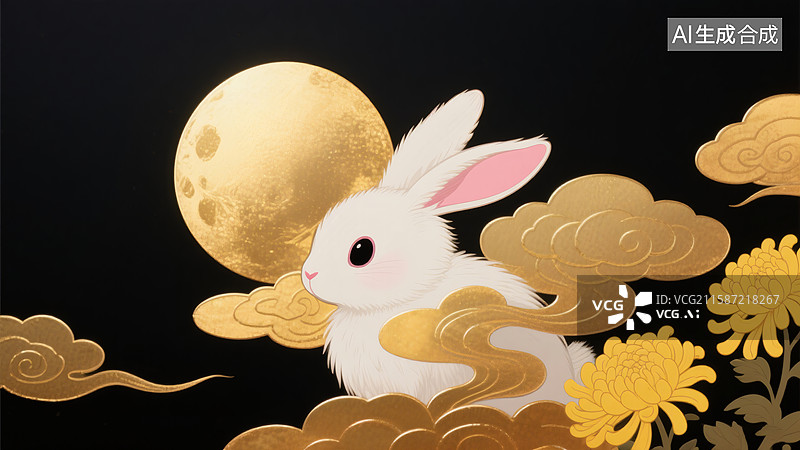 【AI数字艺术】中秋节金箔兔子海报背景图片素材