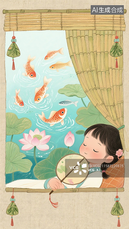 【AI数字艺术】二十四节气-夏天 古典女孩坐在窗边拿着团扇乘凉 窗外是荷塘锦鲤风景 国风插画 竖版图片素材